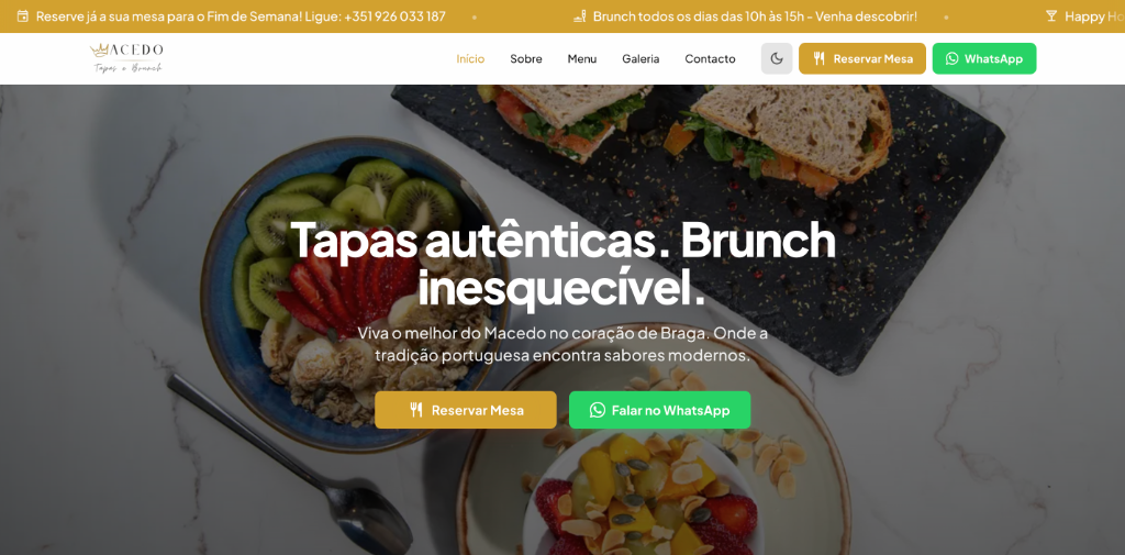 Macedo Tapas e Brunch restaurant website with digital menu and reservations in Braga Portugal